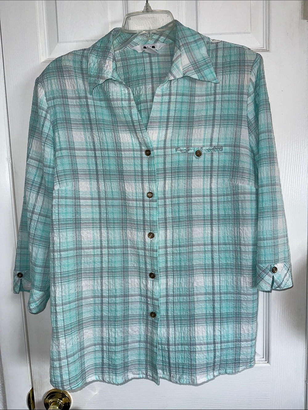Alia Mint and White Plaid Shirt with 3/4 sleeves size 14